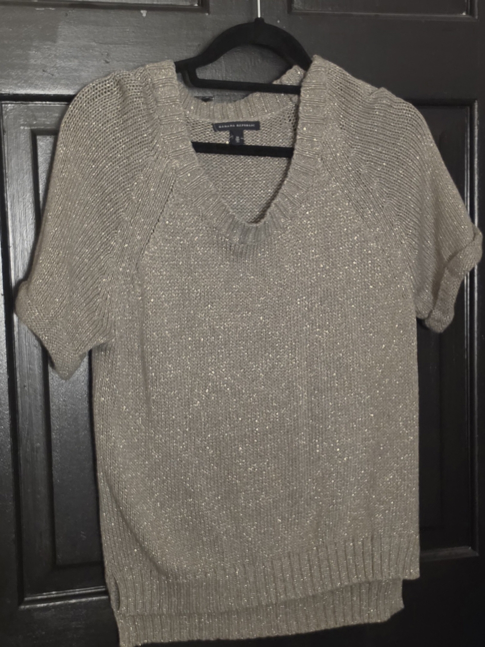 Banana Republic Cream Metallic Short-Sleeve V-Neck Sweater